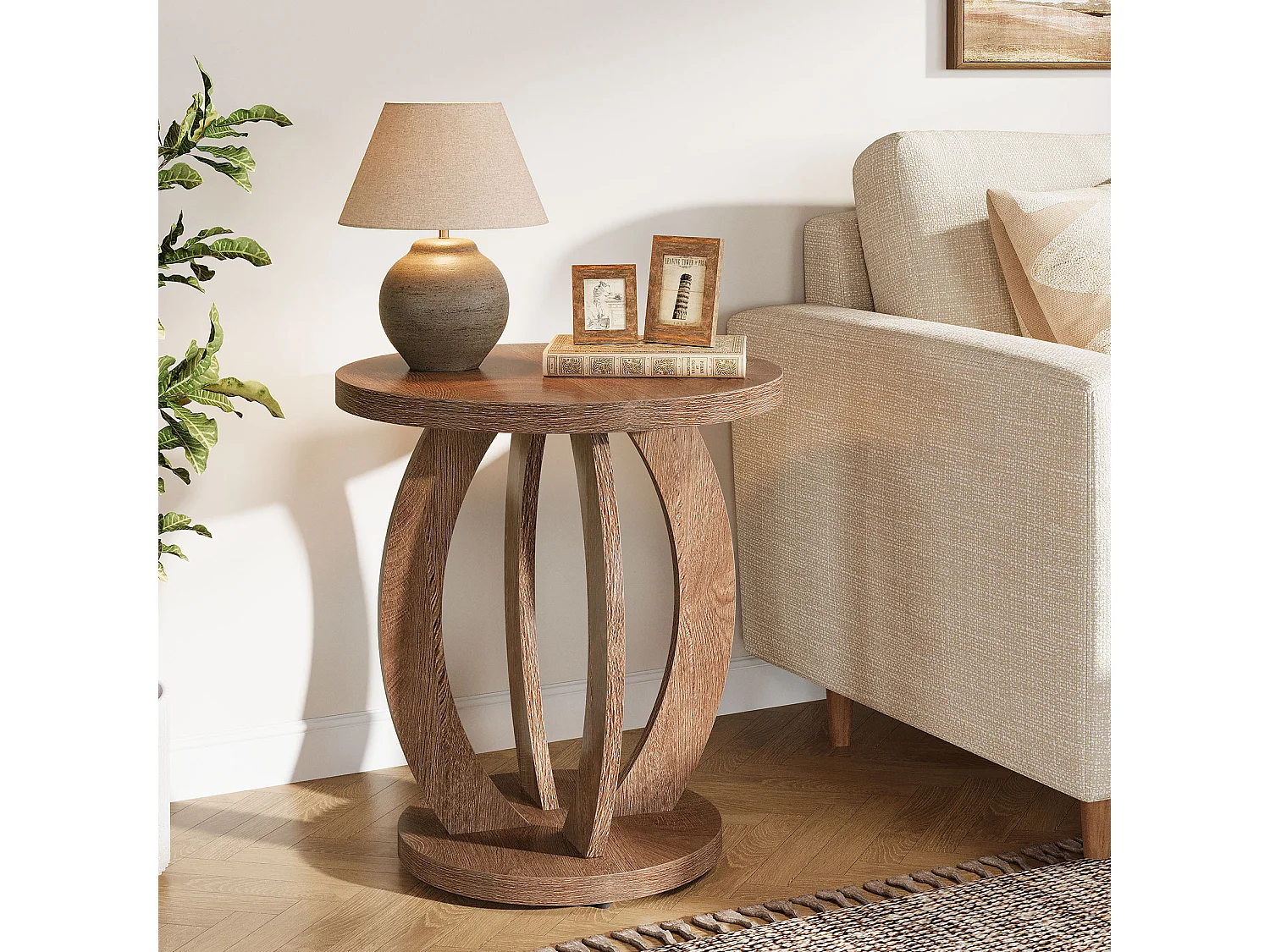 Rundt sidebord med opbevaring, landligt natbord, sengebord med rund bordplade, accentbord