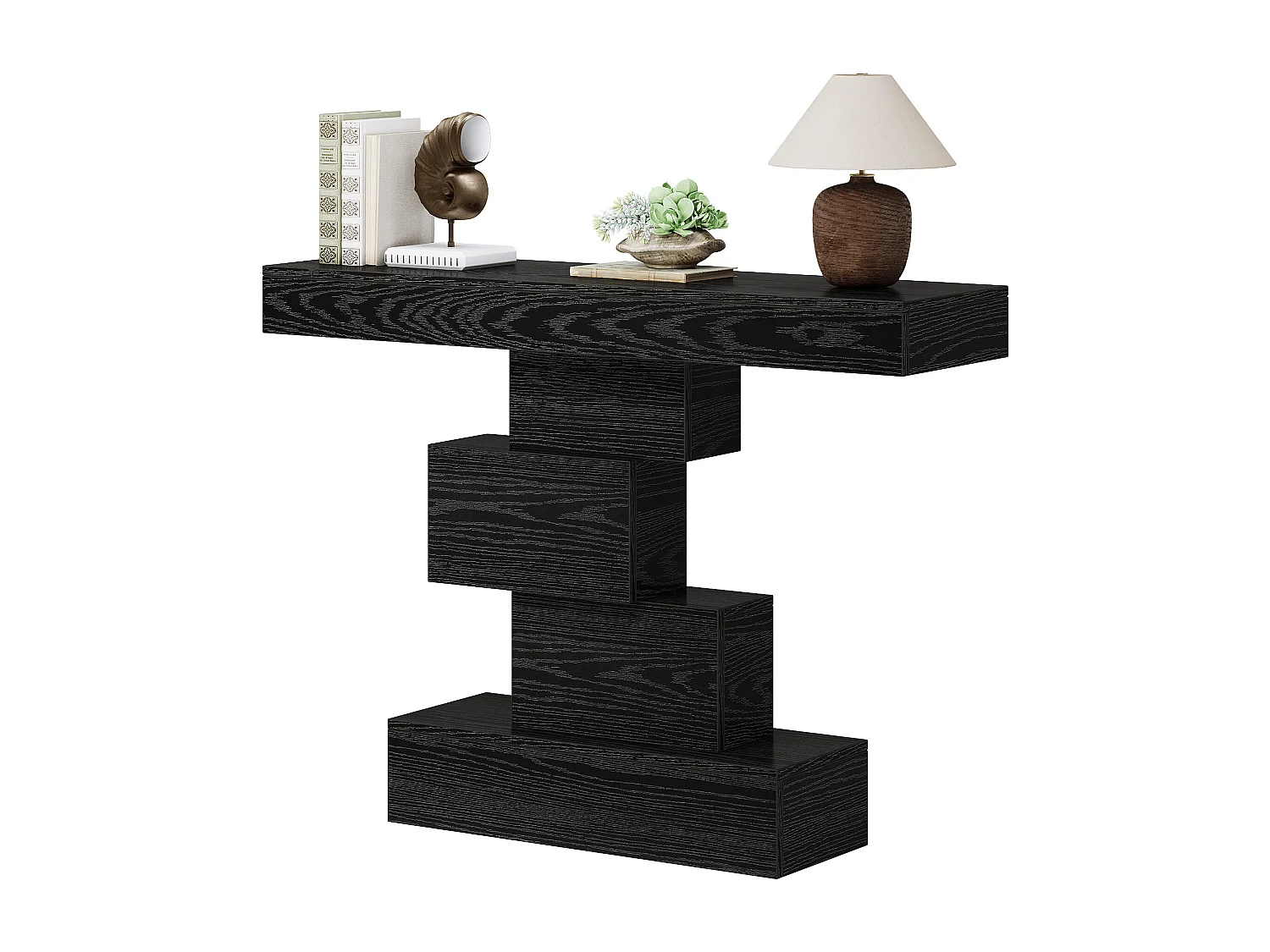 Console noire de 108 cm, table d'appoint étroite en bois avec piètement géométrique, à placer derrière un canapé.