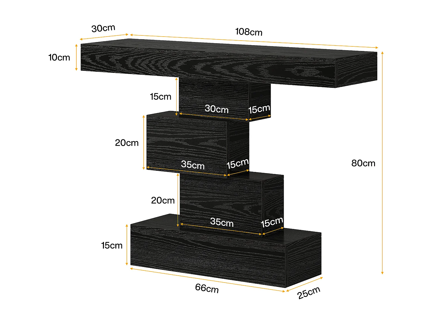 Console noire de 108 cm, table d'appoint étroite en bois avec piètement géométrique, à placer derrière un canapé.