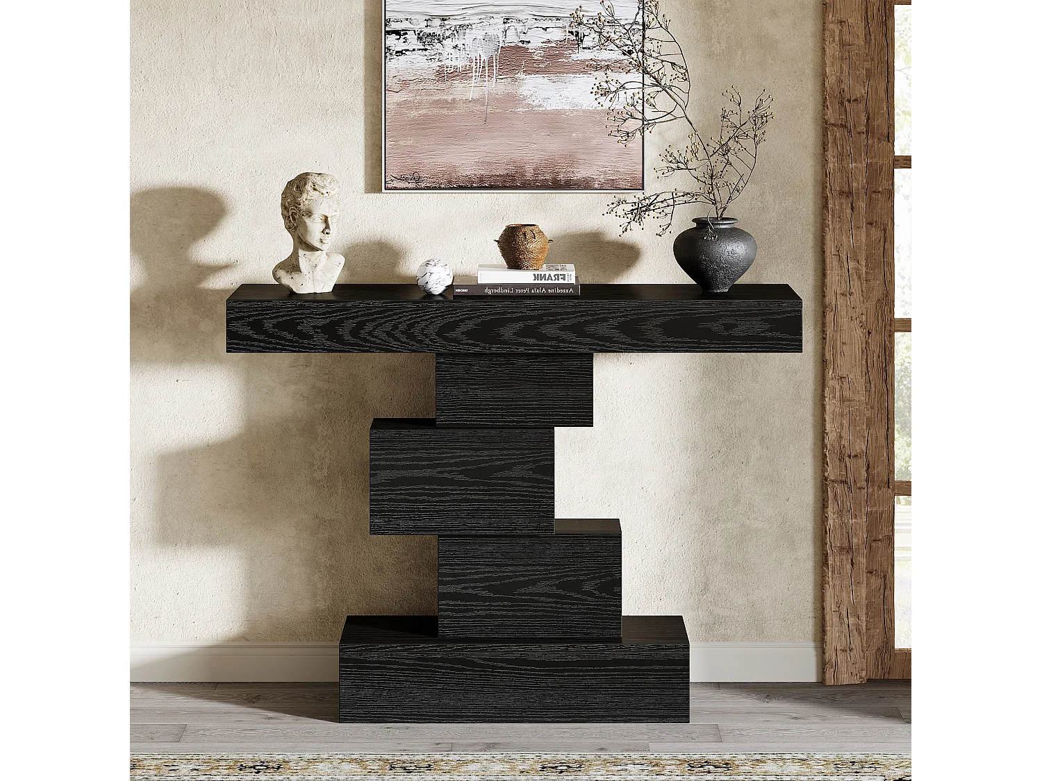 Console noire de 108 cm, table d'appoint étroite en bois avec piètement géométrique, à placer derrière un canapé.