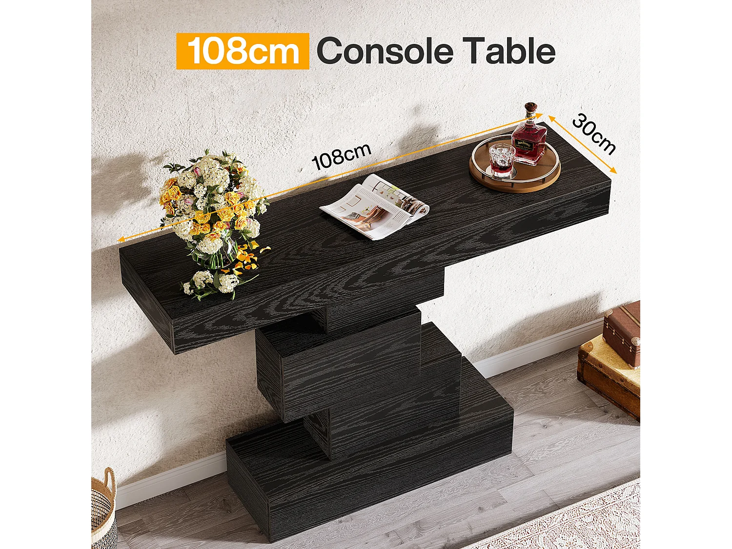 Console noire de 108 cm, table d'appoint étroite en bois avec piètement géométrique, à placer derrière un canapé.