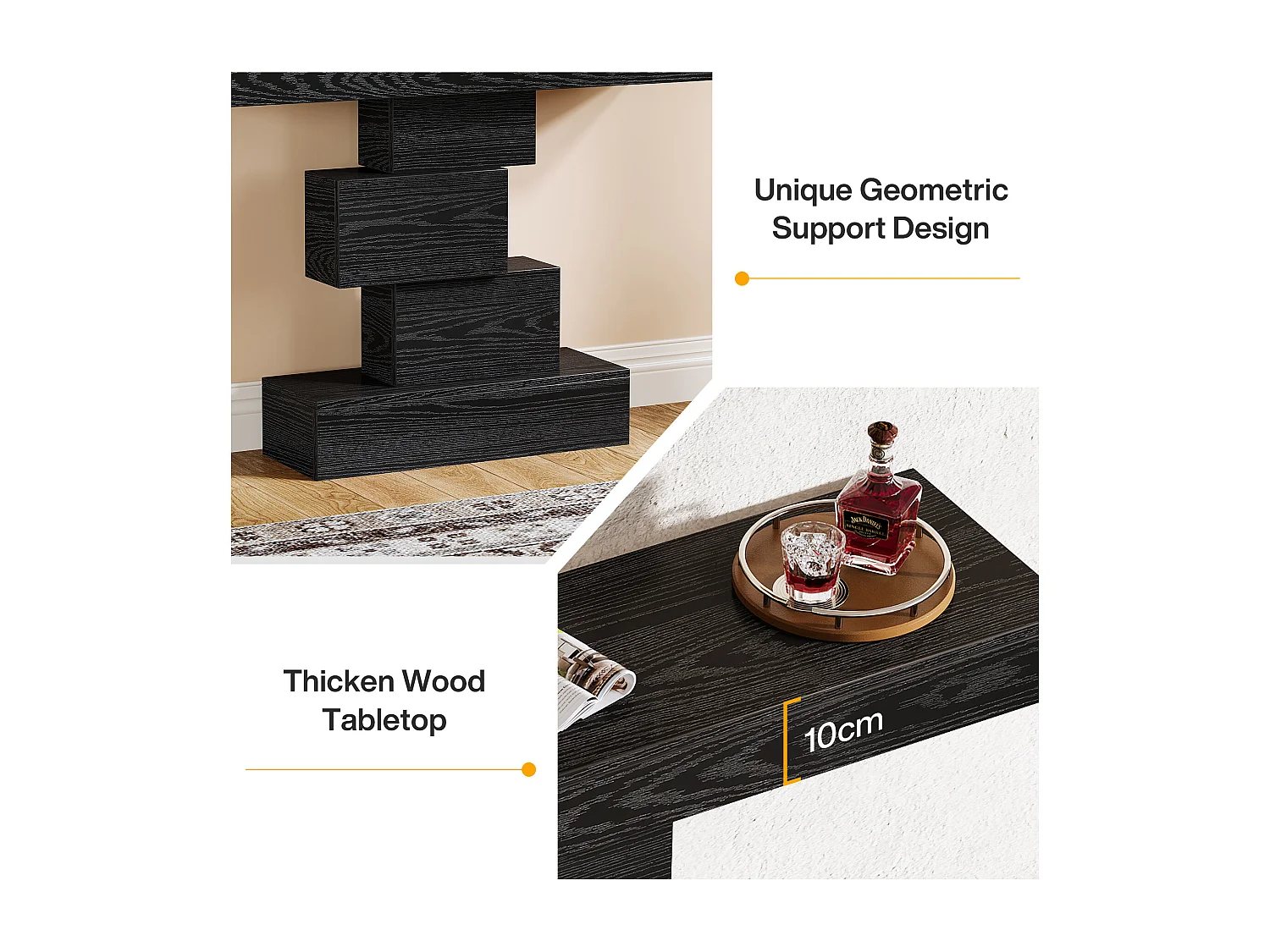 Console noire de 108 cm, table d'appoint étroite en bois avec piètement géométrique, à placer derrière un canapé.