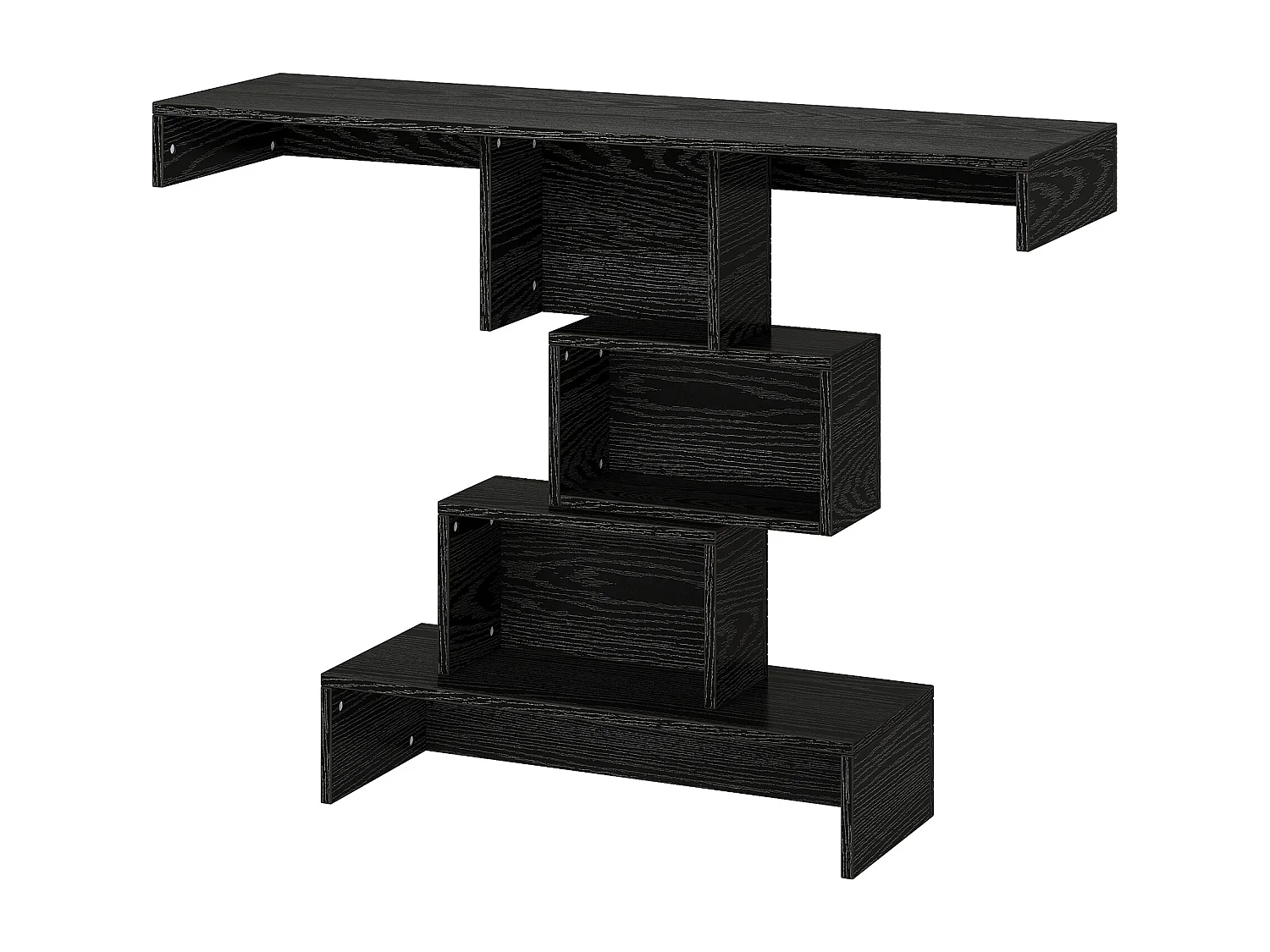 Console noire de 108 cm, table d'appoint étroite en bois avec piètement géométrique, à placer derrière un canapé.
