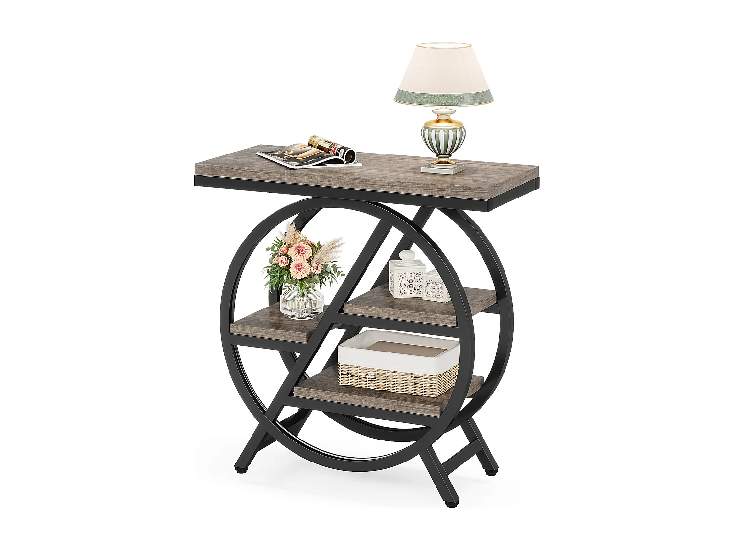 Table d'appoint pour salon, table d'appoint étroite à 3 niveaux avec rangement, grise