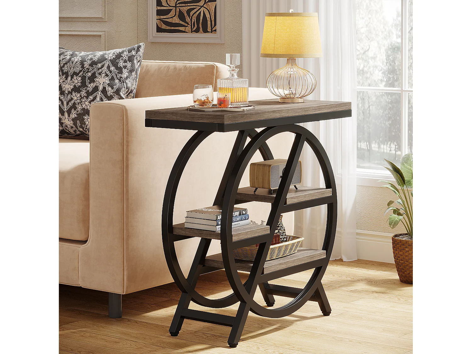 Table d'appoint pour salon, table d'appoint étroite à 3 niveaux avec rangement, grise