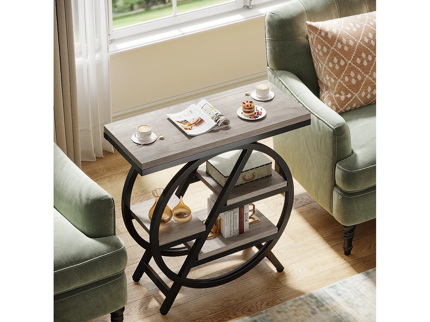 Table d'appoint pour salon, table d'appoint étroite à 3 niveaux avec rangement, grise