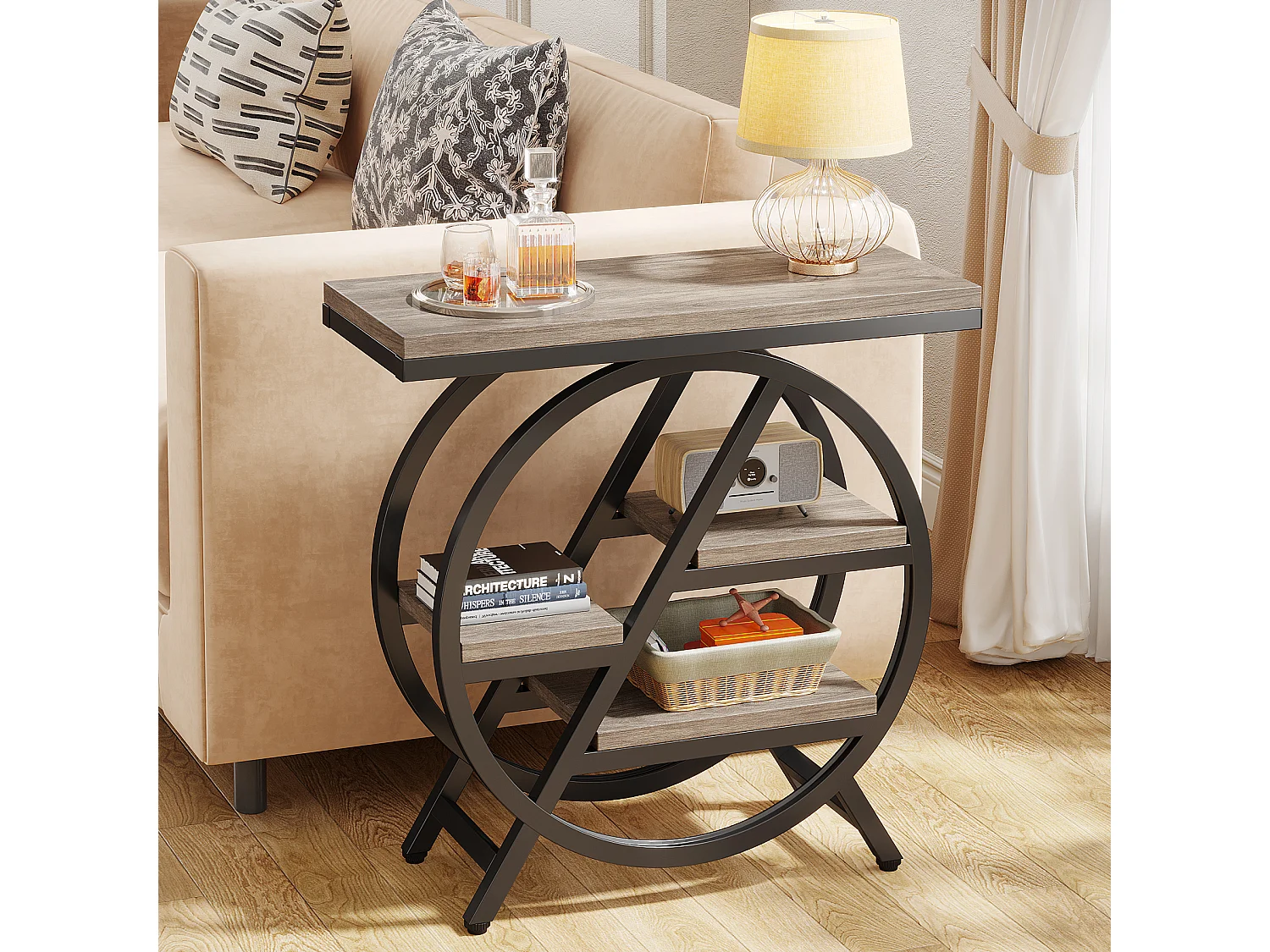 Table d'appoint pour salon, table d'appoint étroite à 3 niveaux avec rangement, grise