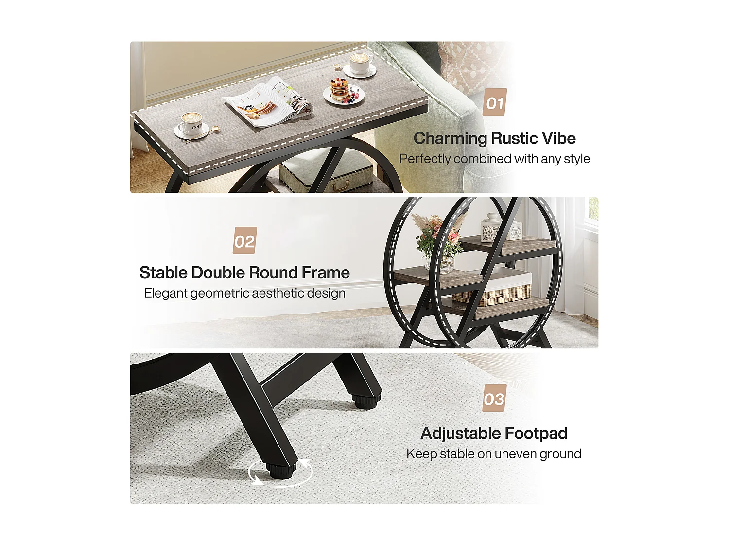 Table d'appoint pour salon, table d'appoint étroite à 3 niveaux avec rangement, grise