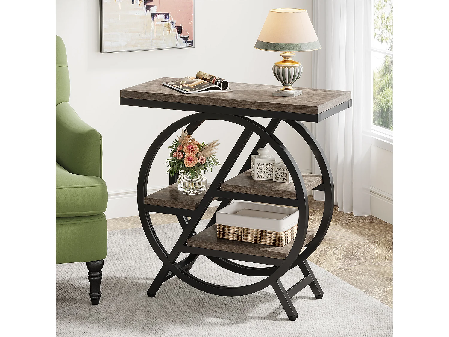 Table d'appoint pour salon, table d'appoint étroite à 3 niveaux avec rangement, grise