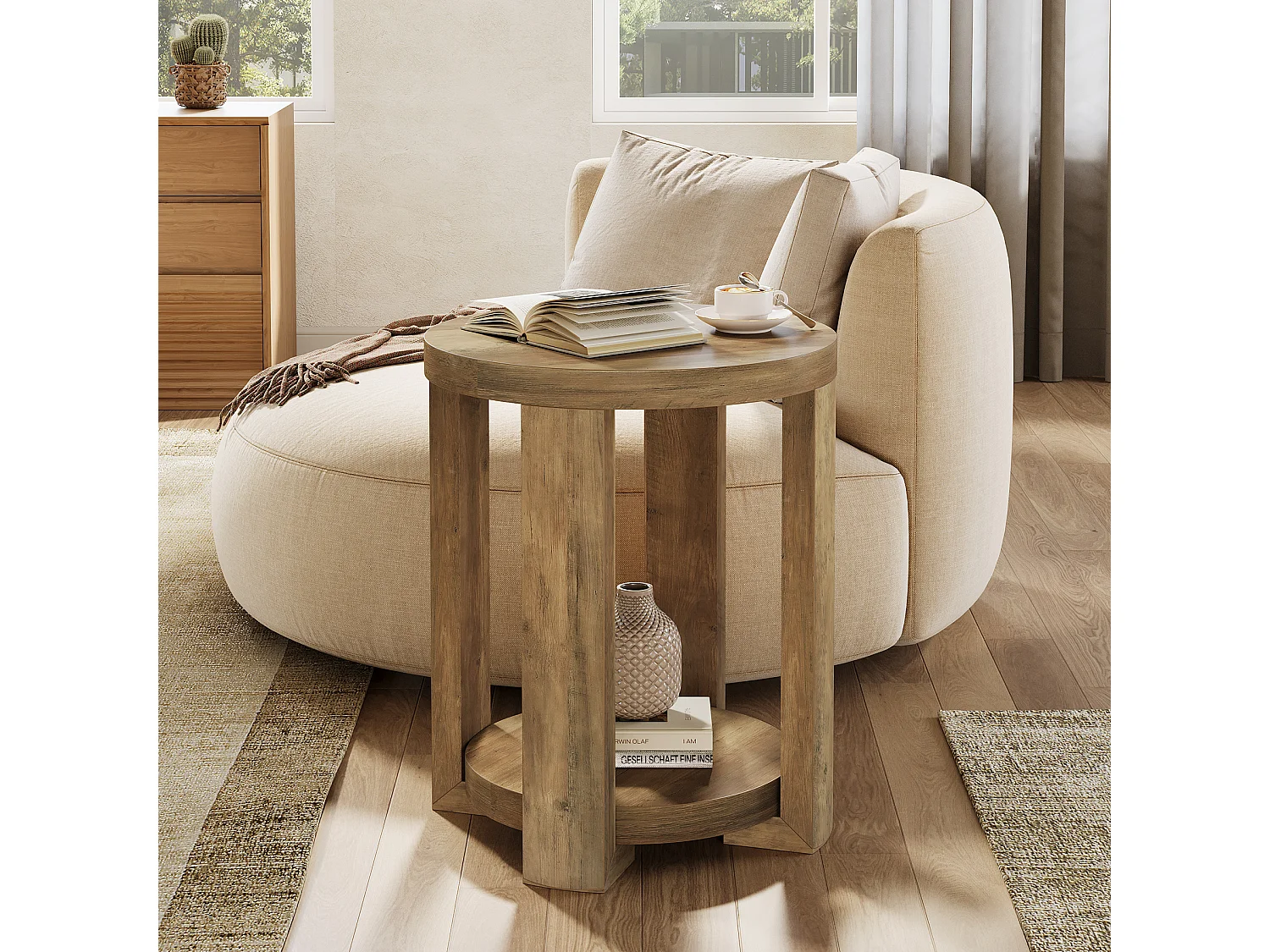 Table d'appoint ronde à 2 niveaux, petit meuble de chevet pour salon