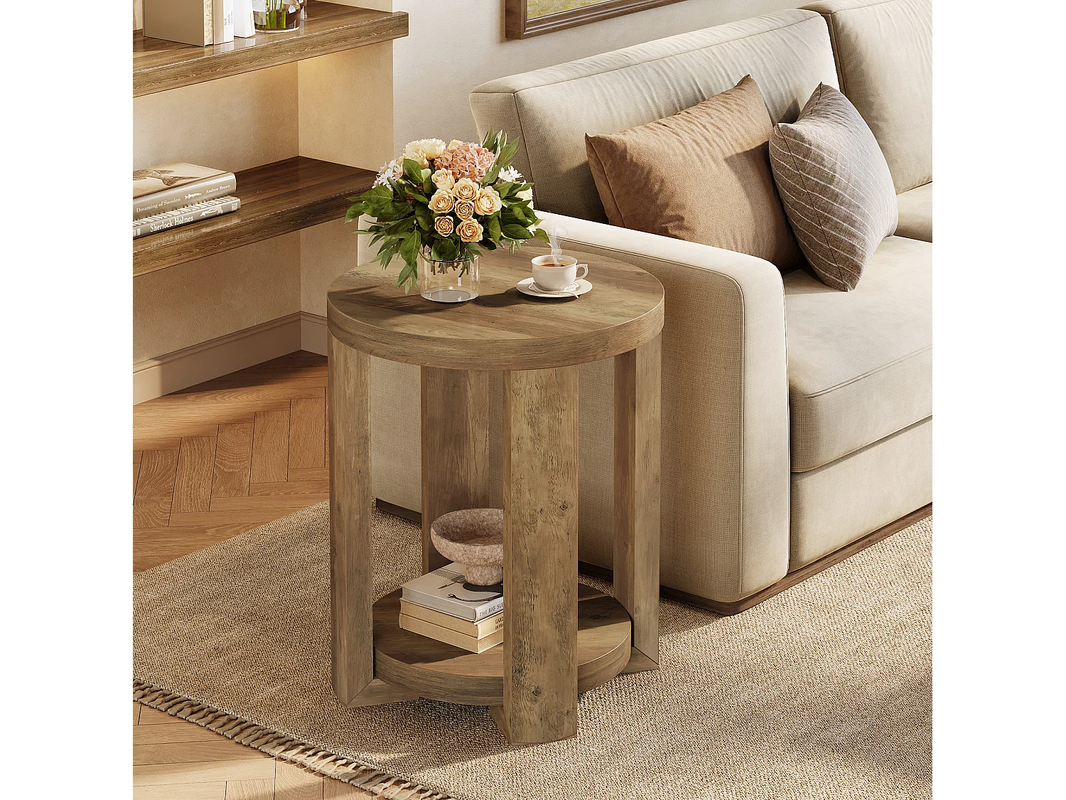 Table d'appoint ronde à 2 niveaux, petit meuble de chevet pour salon