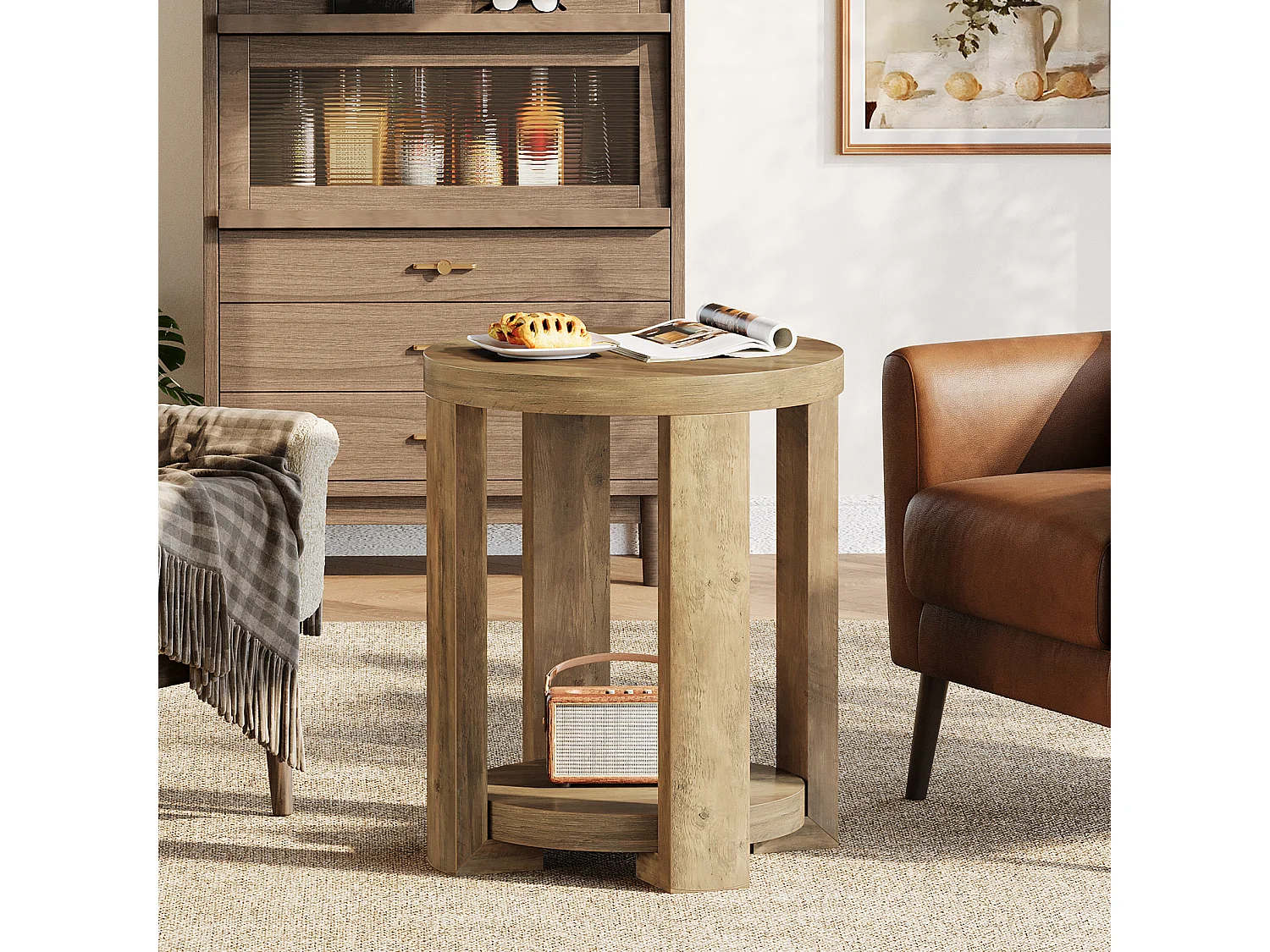 Table d'appoint ronde à 2 niveaux, petit meuble de chevet pour salon