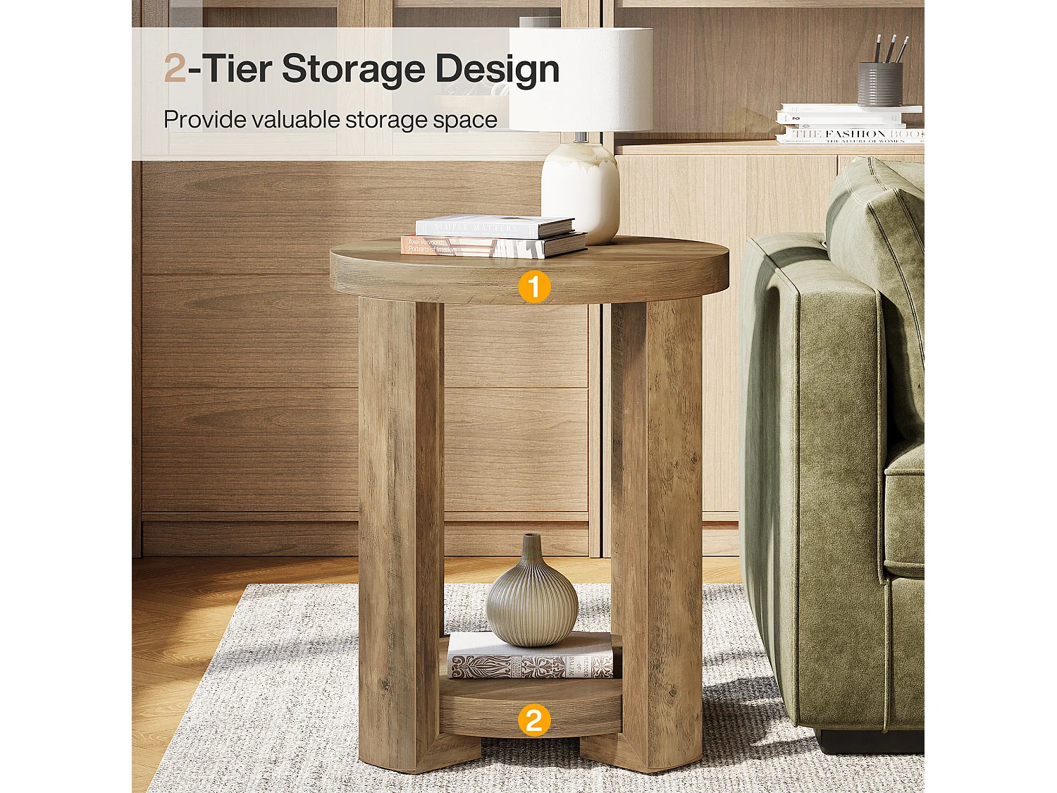 Table d'appoint ronde à 2 niveaux, petit meuble de chevet pour salon
