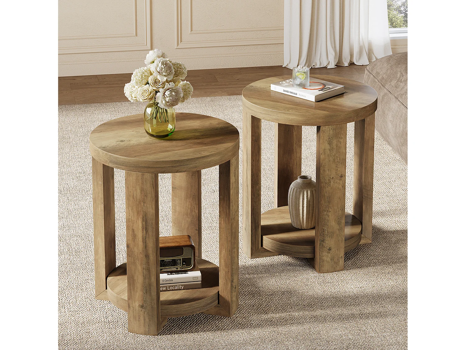 Table d'appoint ronde à 2 niveaux, petit meuble de chevet pour salon
