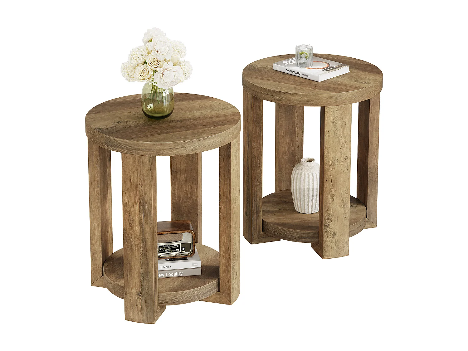 Table d'appoint ronde à 2 niveaux, petit meuble de chevet pour salon