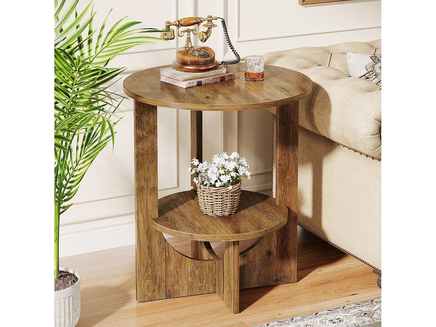 Table d'appoint ronde, table haute à 2 niveaux avec rangement pour salon