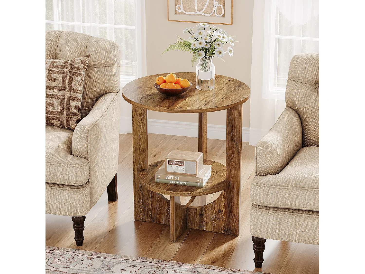 Table d'appoint ronde, table haute à 2 niveaux avec rangement pour salon