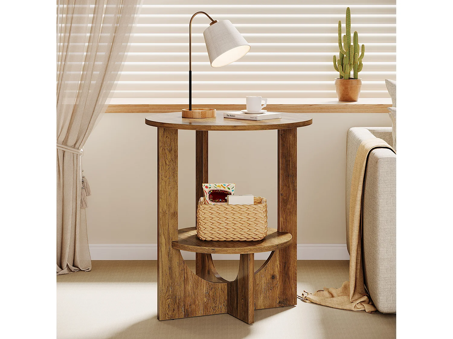Table d'appoint ronde, table haute à 2 niveaux avec rangement pour salon