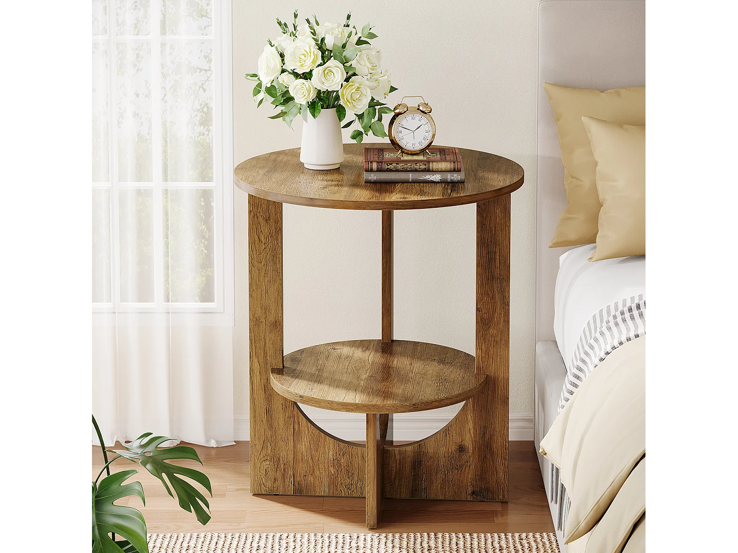 Table d'appoint ronde, table haute à 2 niveaux avec rangement pour salon