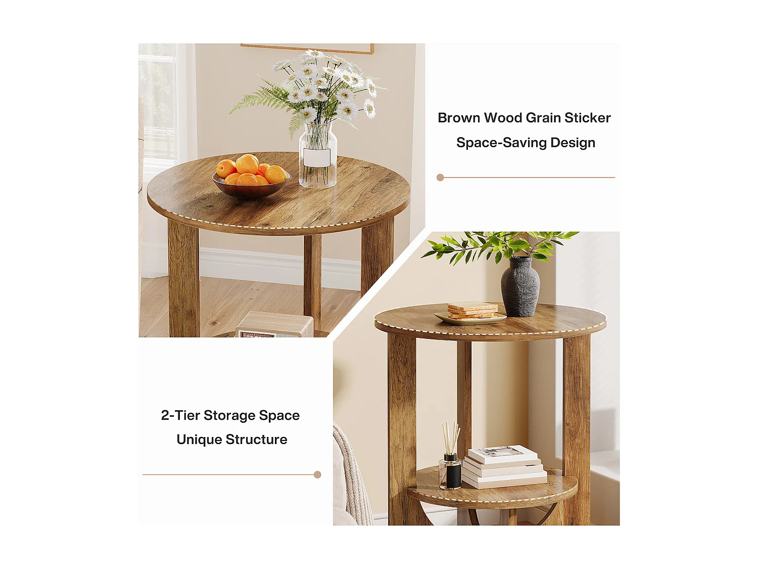 Table d'appoint ronde, table haute à 2 niveaux avec rangement pour salon
