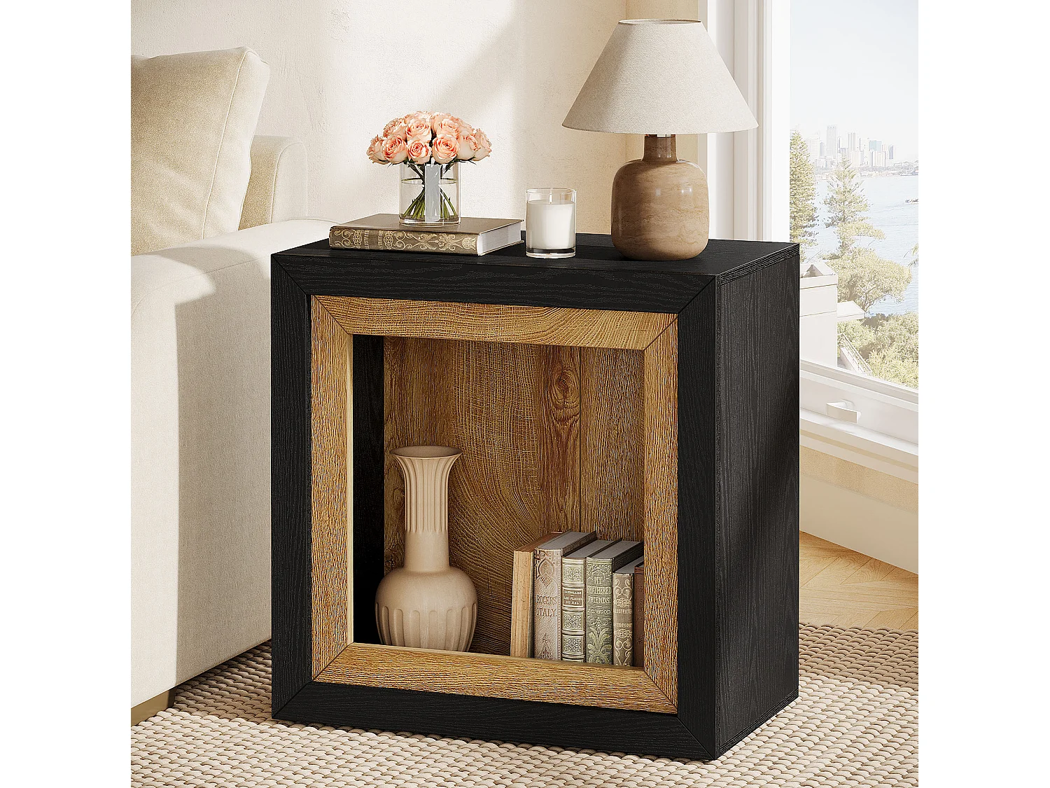 Table d'appoint moderne au design inspiré des cadres, table d'appoint rectangulaire cubique rustique