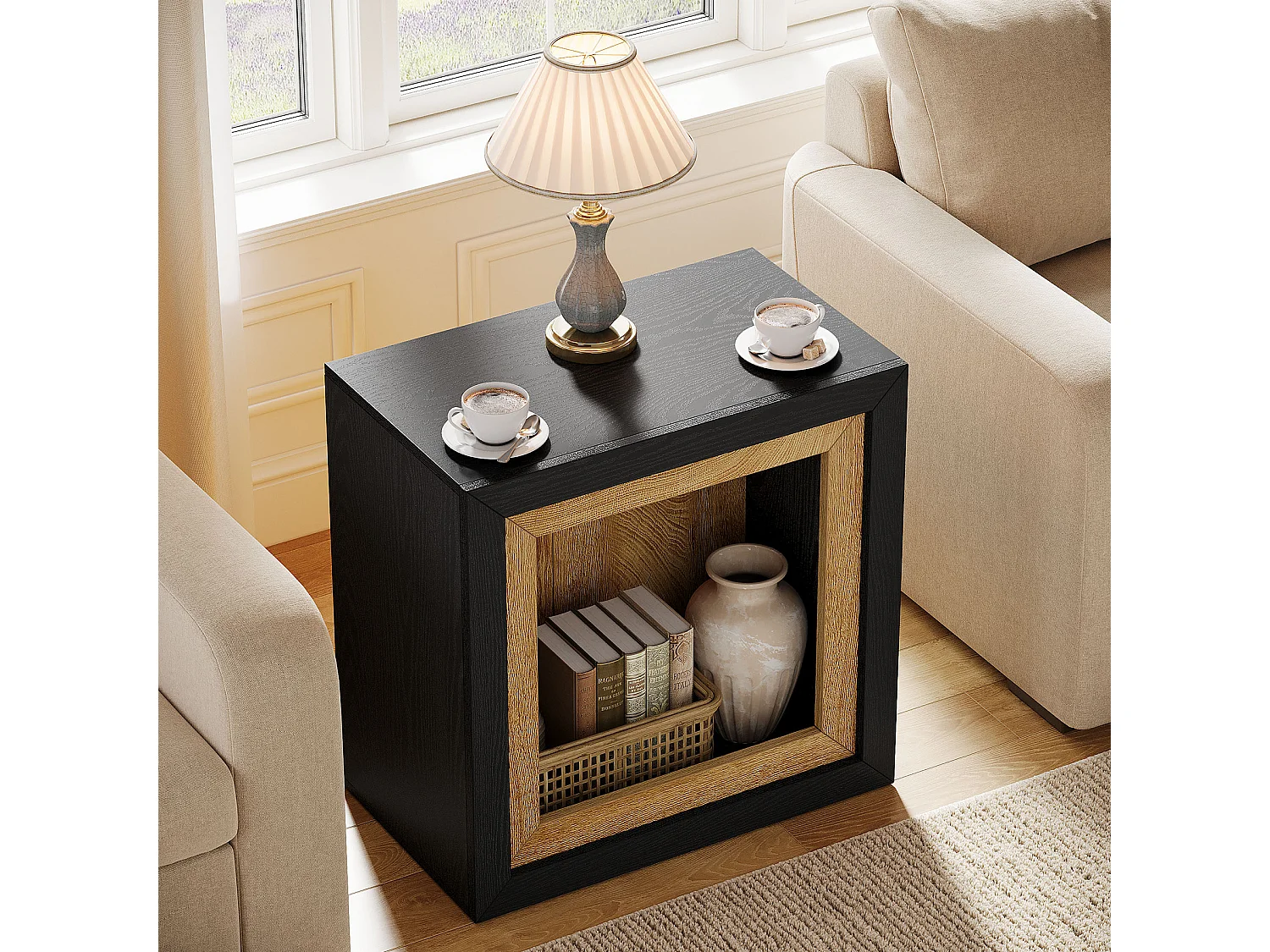 Table d'appoint moderne au design inspiré des cadres, table d'appoint rectangulaire cubique rustique