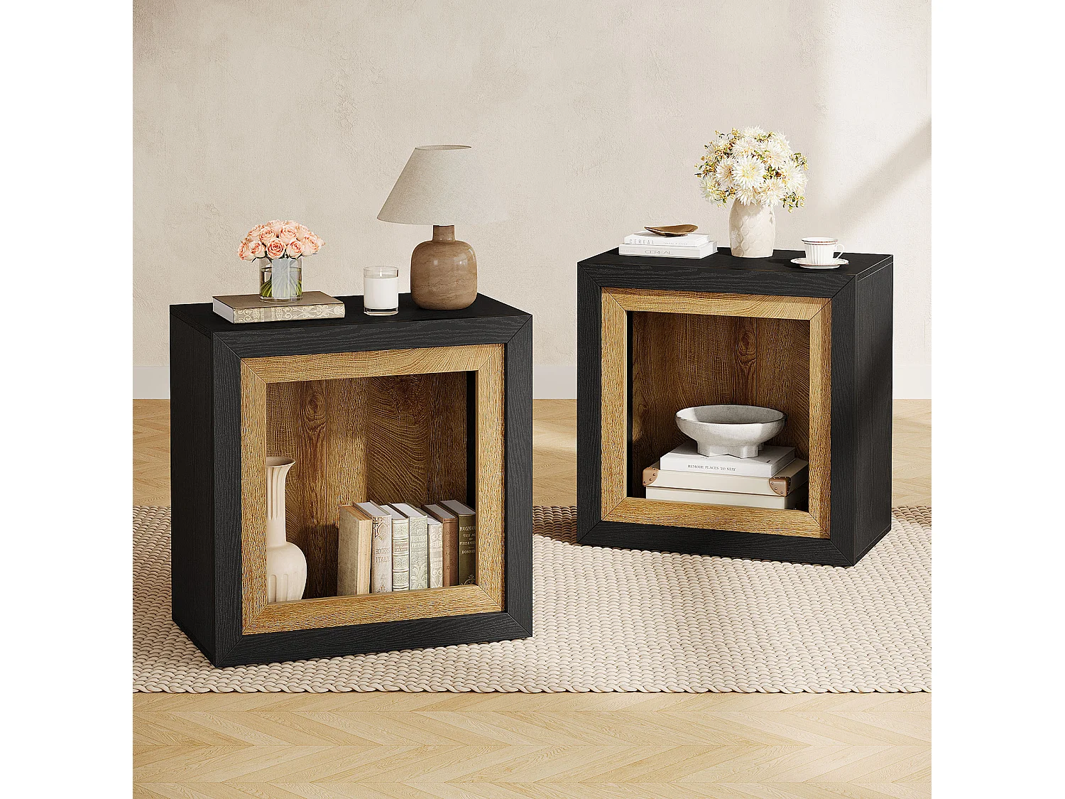 Table d'appoint moderne au design inspiré des cadres, table d'appoint rectangulaire cubique rustique