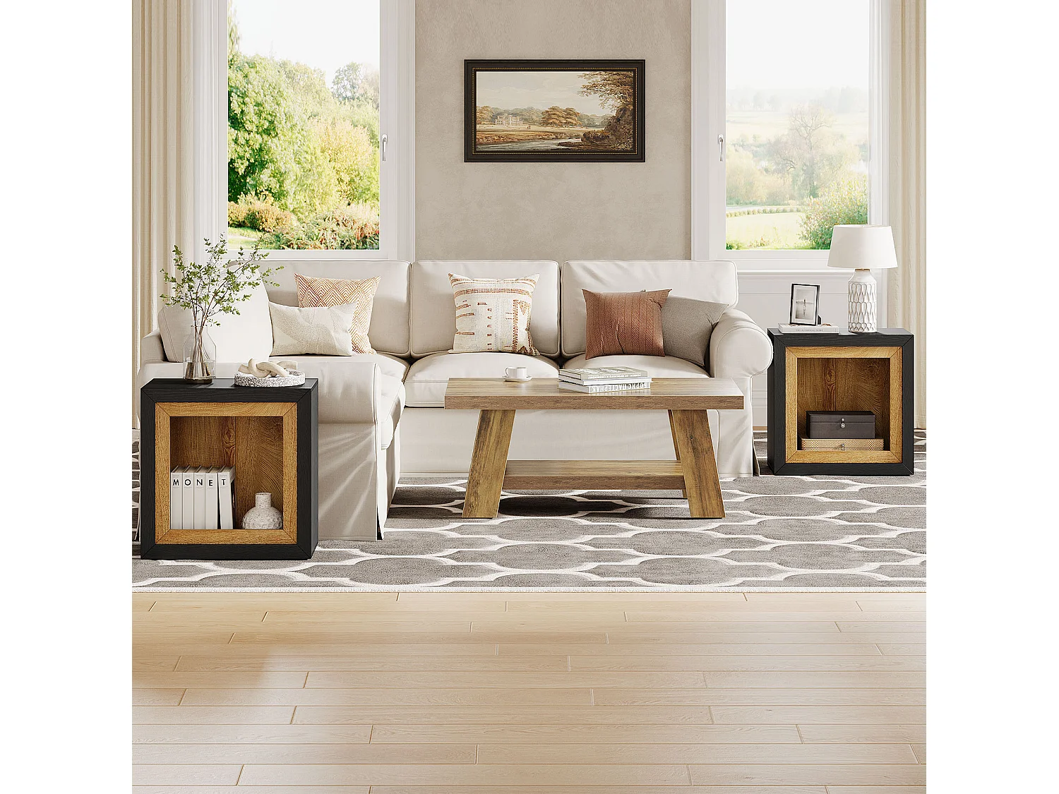 Table d'appoint moderne au design inspiré des cadres, table d'appoint rectangulaire cubique rustique