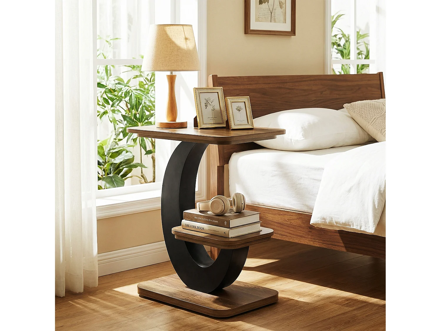 Table d'appoint à deux niveaux, style industriel, idéale à placer à côté du canapé dans le salon.