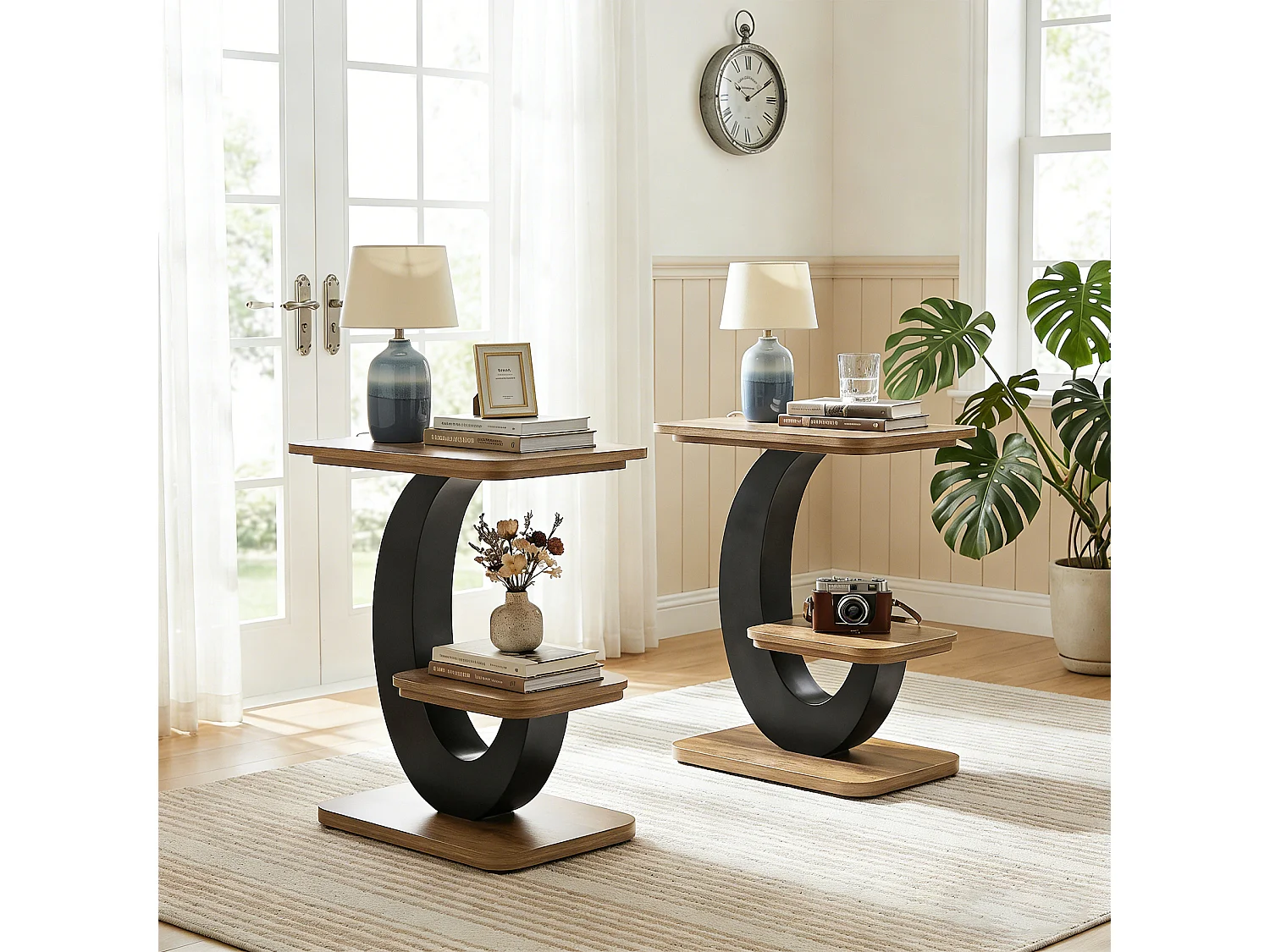 Table d'appoint à deux niveaux, style industriel, idéale à placer à côté du canapé dans le salon.