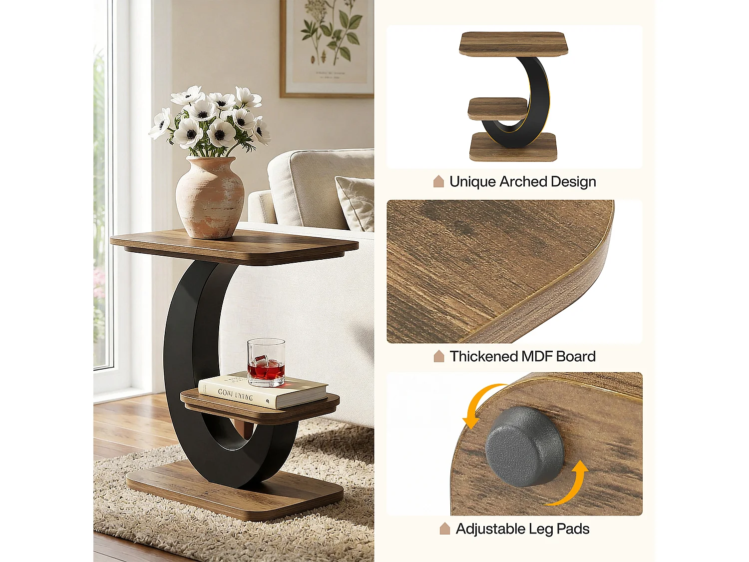 Table d'appoint à deux niveaux, style industriel, idéale à placer à côté du canapé dans le salon.