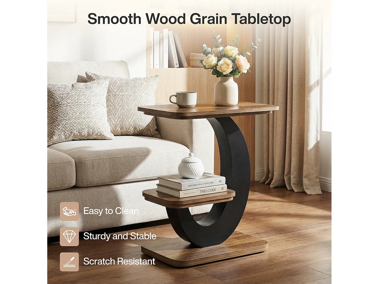 Table d'appoint à deux niveaux, style industriel, idéale à placer à côté du canapé dans le salon.