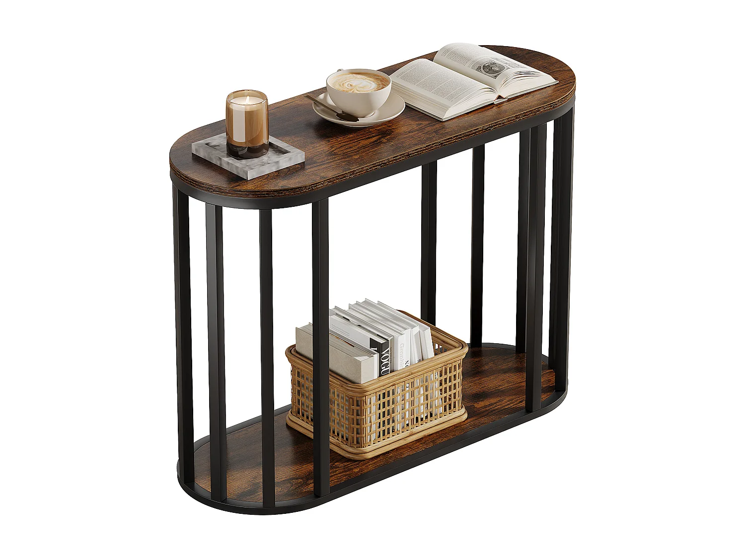 Table d'appoint étroite avec rangement, table d'appoint industrielle à 2 niveaux avec structure en métal noir