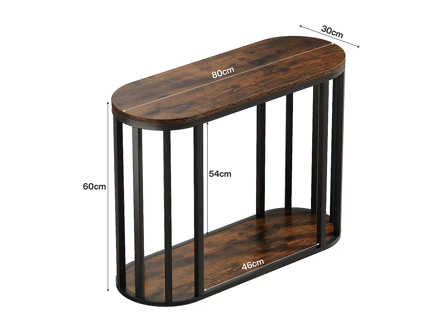 Table d'appoint étroite avec rangement, table d'appoint industrielle à 2 niveaux avec structure en métal noir