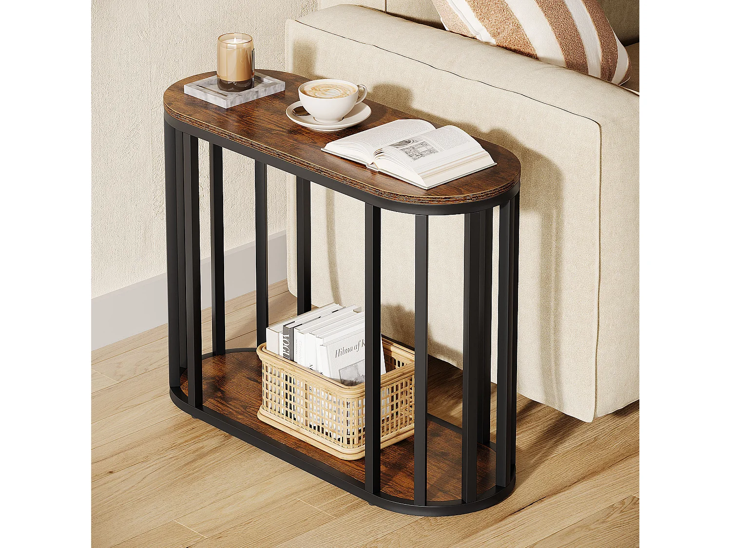 Table d'appoint étroite avec rangement, table d'appoint industrielle à 2 niveaux avec structure en métal noir