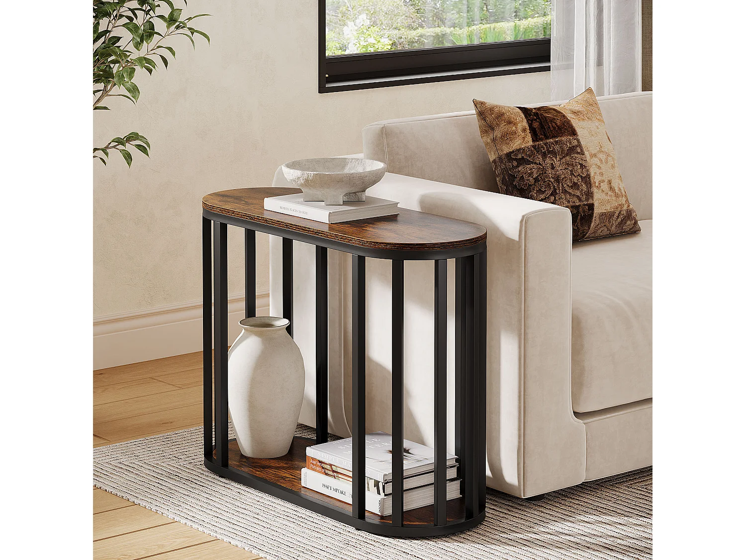 Table d'appoint étroite avec rangement, table d'appoint industrielle à 2 niveaux avec structure en métal noir