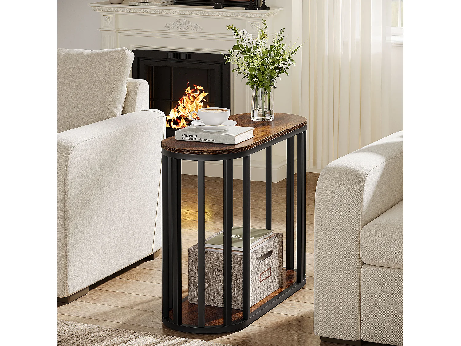 Table d'appoint étroite avec rangement, table d'appoint industrielle à 2 niveaux avec structure en métal noir