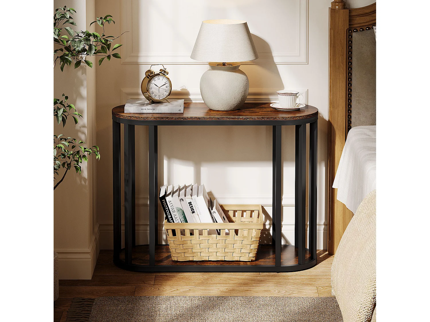 Table d'appoint étroite avec rangement, table d'appoint industrielle à 2 niveaux avec structure en métal noir