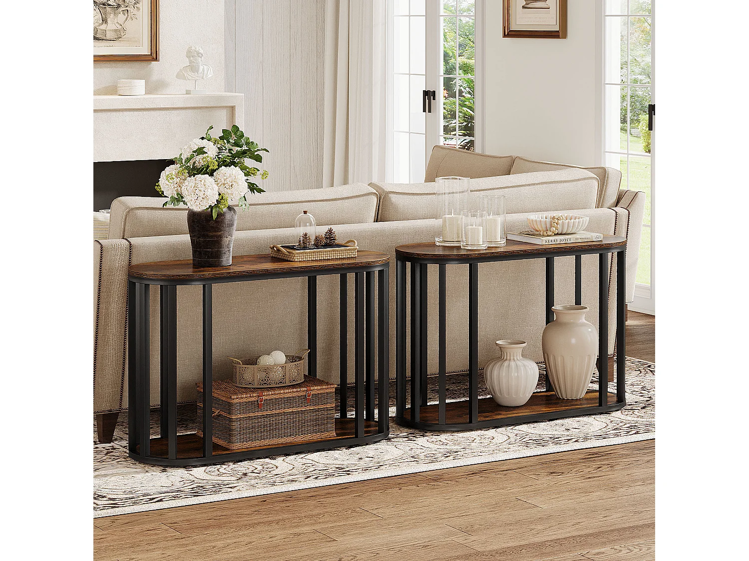 Table d'appoint étroite avec rangement, table d'appoint industrielle à 2 niveaux avec structure en métal noir