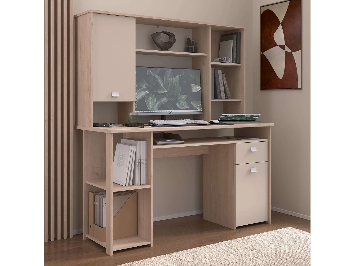 Escrivaninha Anello Loft com 3 prateleiras e 1 porta, acabamento em carvalho Jackson e cashmere, 138x70x59 cm