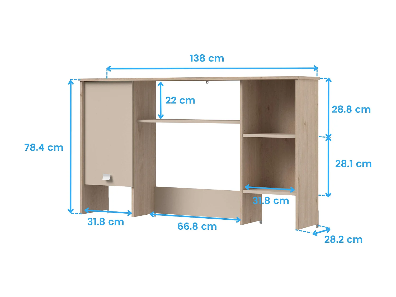 Escrivaninha Anello Loft com 3 prateleiras e 1 porta, acabamento em carvalho Jackson e cashmere, 138x70x59 cm