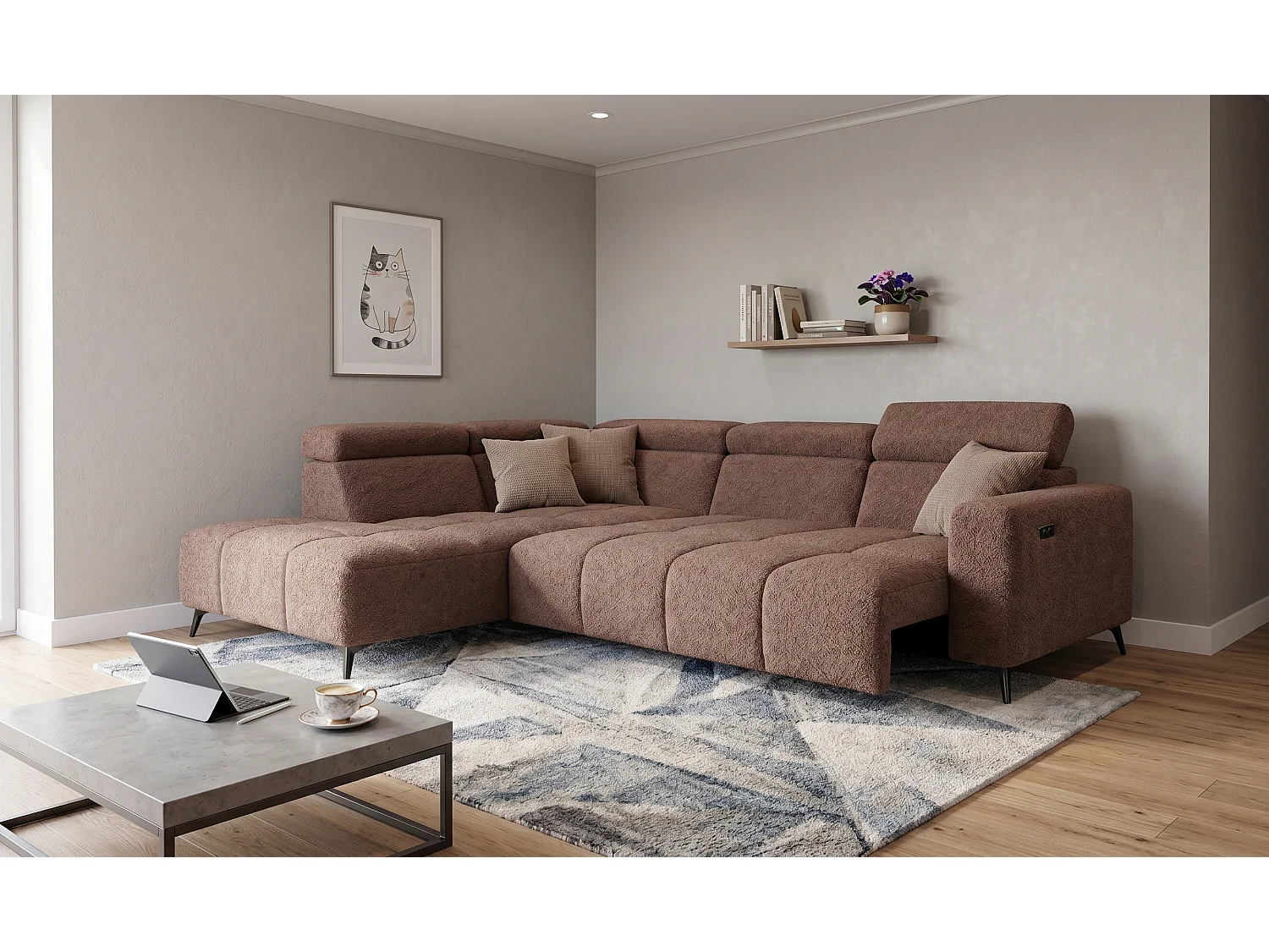 Canapé d’angle Felicity – premium, relaxation électrique, USB et design modern organic