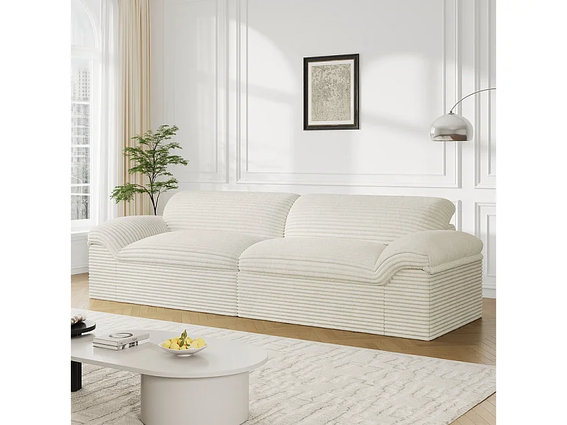 Canapé 3/4 places modulable en velours côtelé grosses côtes - 260x103x80cm - Beige