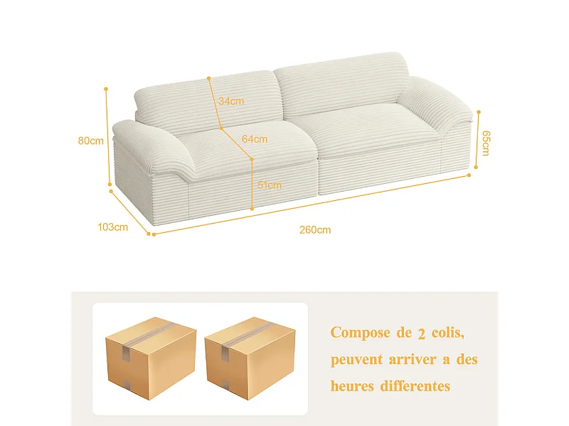 Canapé 3/4 places modulable en velours côtelé grosses côtes - 260x103x80cm - Beige