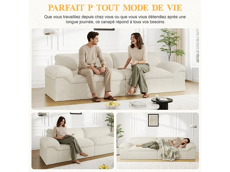 Canapé 3/4 places modulable en velours côtelé grosses côtes - 260x103x80cm - Beige