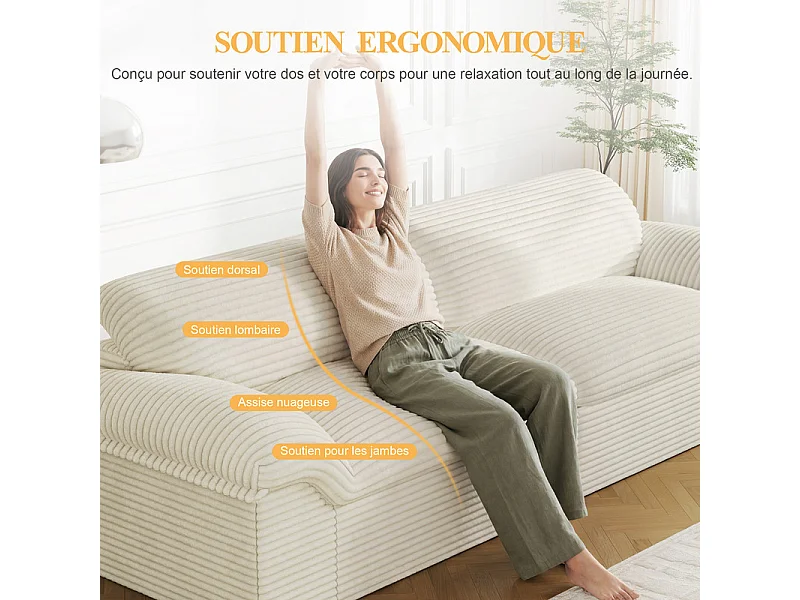Canapé 3/4 places modulable en velours côtelé grosses côtes - 260x103x80cm - Beige