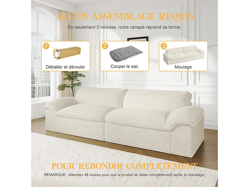 Canapé 3/4 places modulable en velours côtelé grosses côtes - 260x103x80cm - Beige