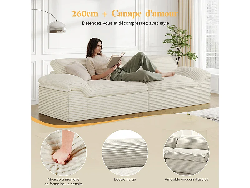 Canapé 3/4 places modulable en velours côtelé grosses côtes - 260x103x80cm - Beige
