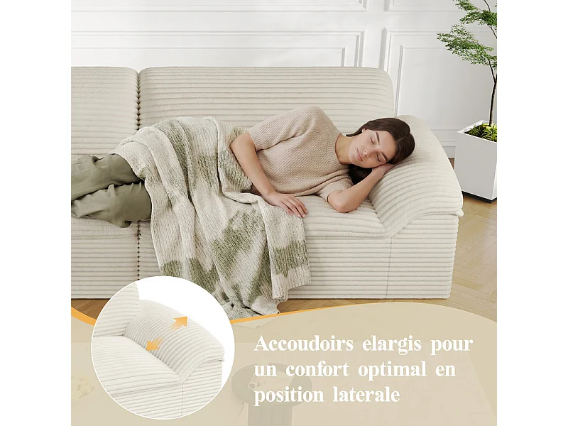 Canapé 3/4 places modulable en velours côtelé grosses côtes - 260x103x80cm - Beige