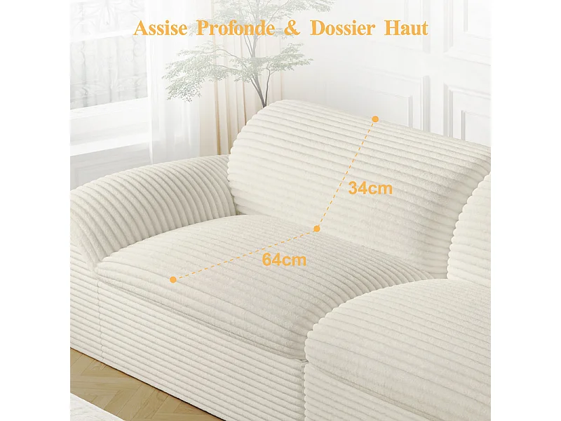 Canapé 3/4 places modulable en velours côtelé grosses côtes - 260x103x80cm - Beige